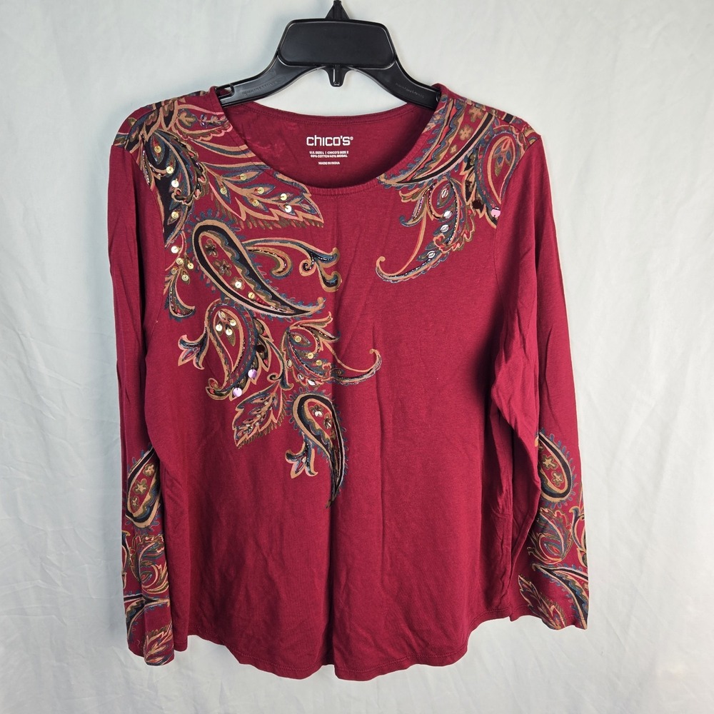 Chicos Paisley Sequin Beaded Shirt Womens Large Burgundy Whimsical Sparkle Fall